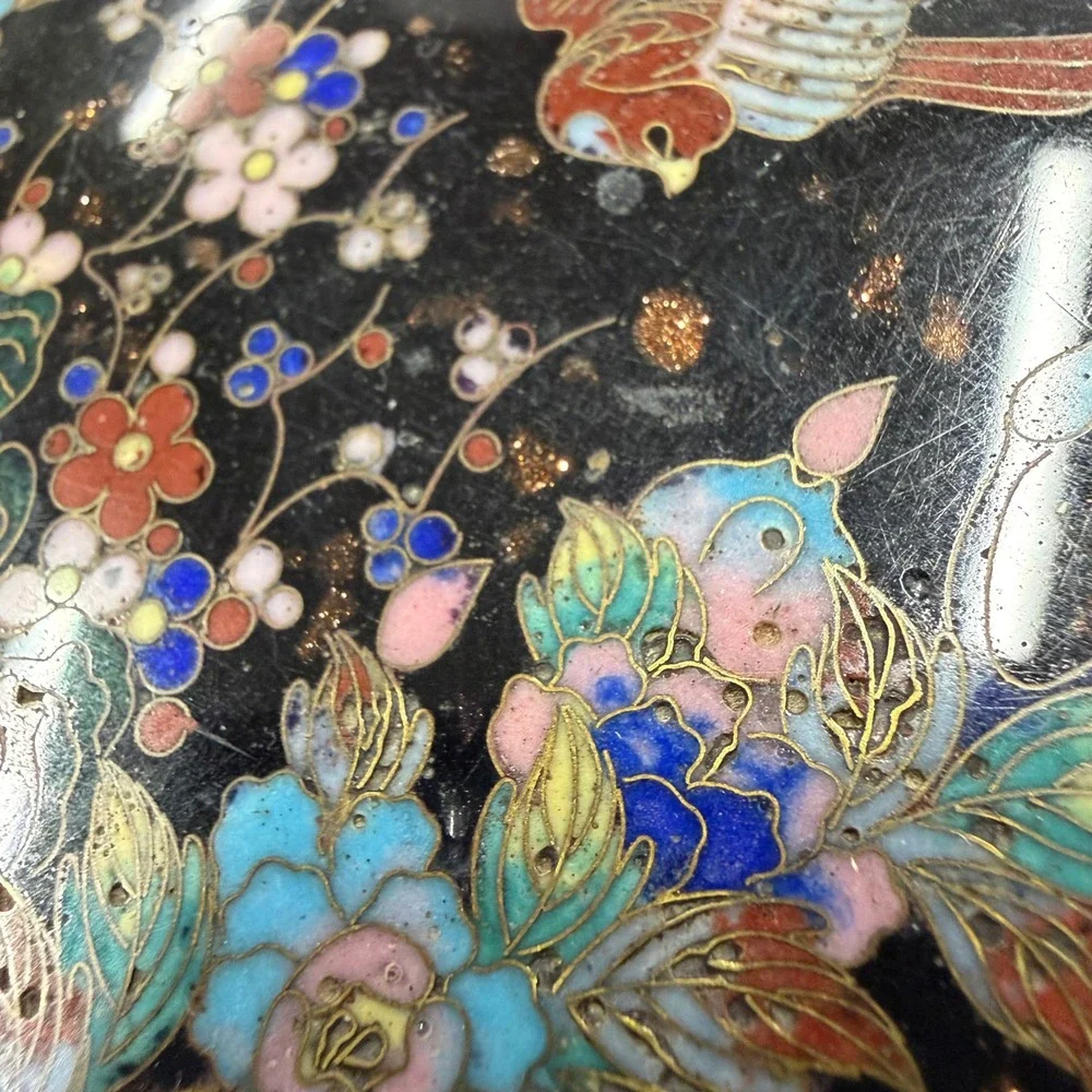 Vintage Chinese Cloisonne Enamel Trinket Box Bird Floral Black Blue Brass Round